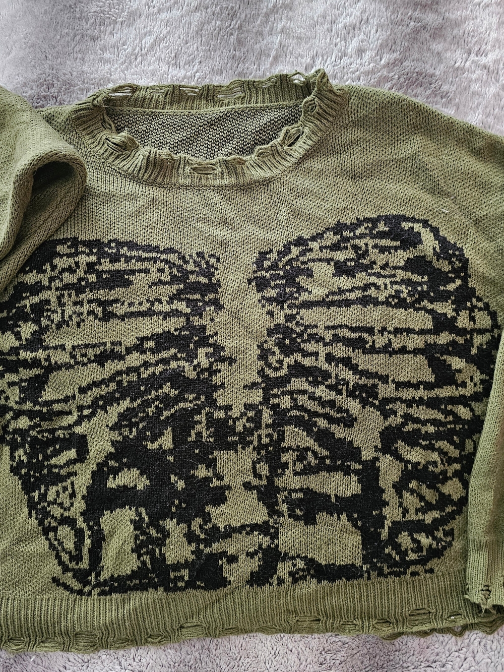 Distressed Goth Skeleton Rib Cage Super Soft Cropped Sweater Green & Black
